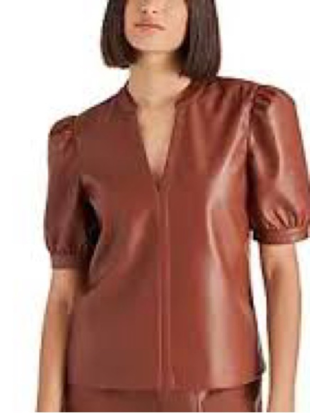 Steve Madden Chestnut Brown Faux Leather Puff-Sleeve Top